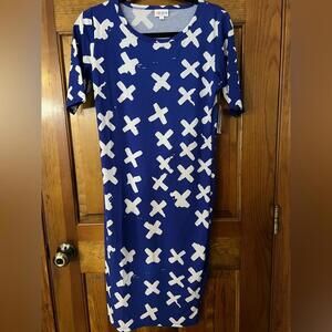 LuLaRoe Julia Dress Blue White X Pencil Sheath Midi Knee Length Small NWT